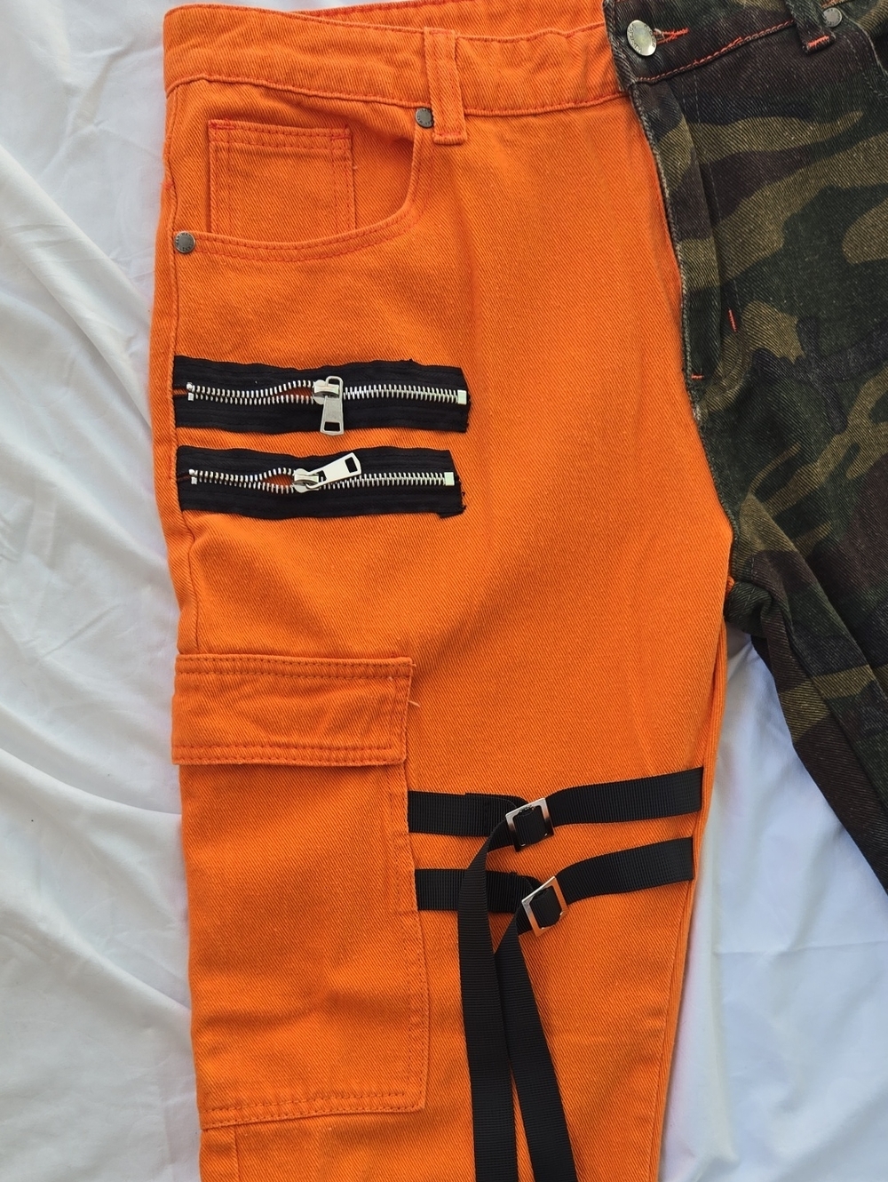 Men's Funky Jeans 2 Tone, One Leg Orange, Other Leg Green Camo Front/Back, - Picture 4 of 9